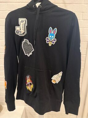 Psycho Bunny Black Hoodie with Colorful Patch Accents